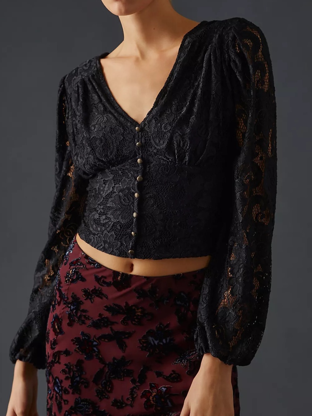By Anthropologie Balloon-Sleeve Black Lace Tie Waist Blouse Size XS